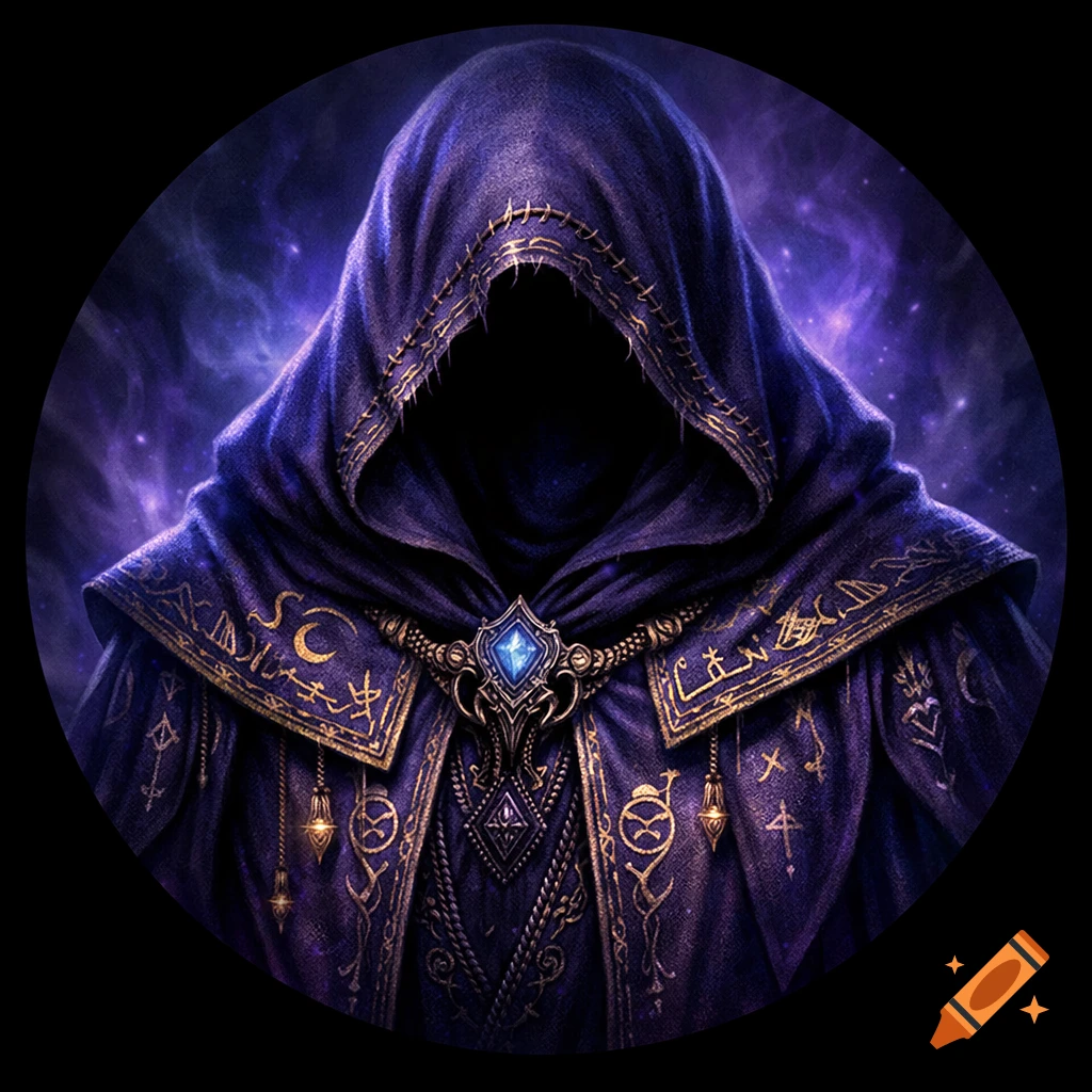 A mysterious hooded figure in a dark blue-purple arcane robe adorned with intricate gold symbols and a glowing blue gem amulet against a cosmic background.
