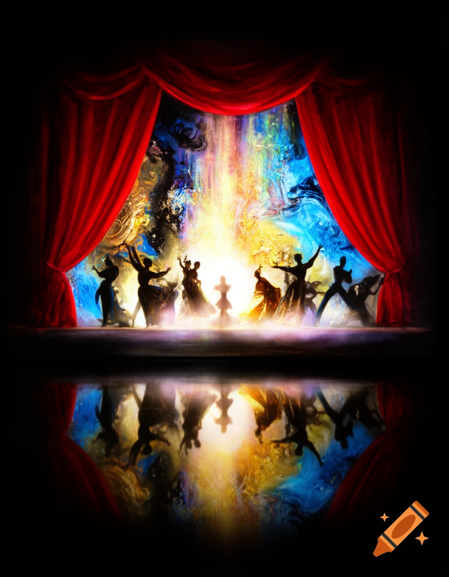 Silhouetted dancers perform on a stage with a vibrant, abstract light background and red curtains, reflected below.