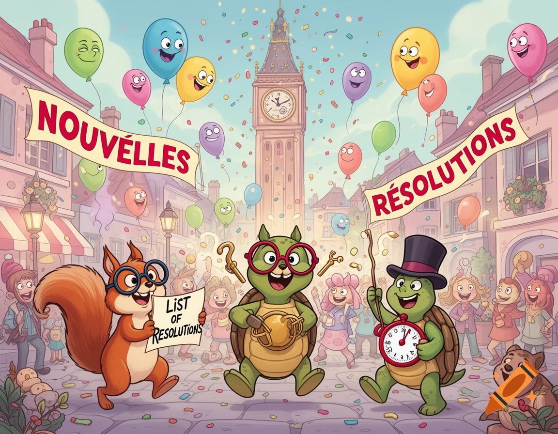 A joyful cartoon parade with anthropomorphic animals celebrating New Year's resolutions, confetti, balloons, and a clock tower.