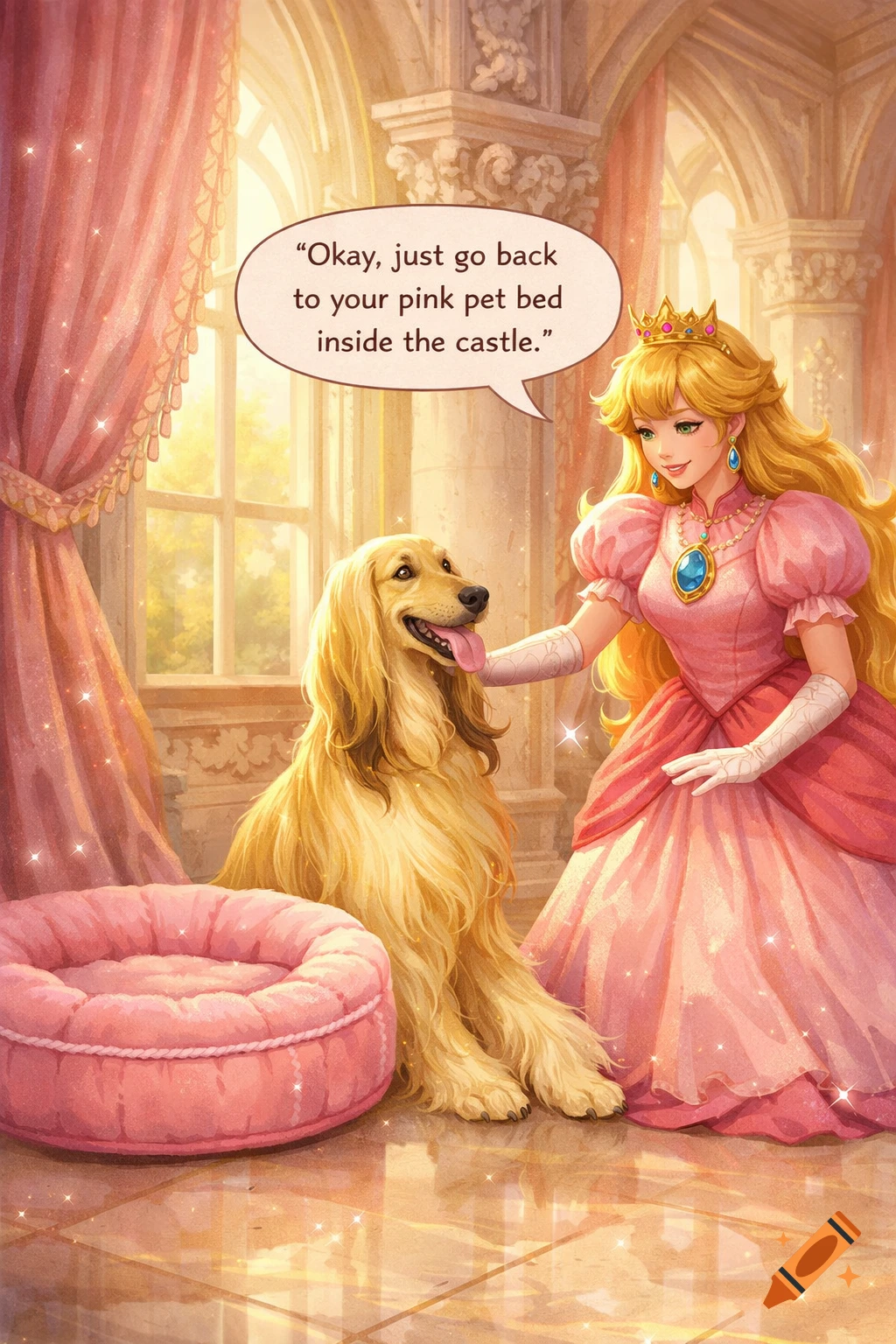 Princess Peach gently pets a golden Afghan hound next to a pink pet bed inside a grand castle, digital art.