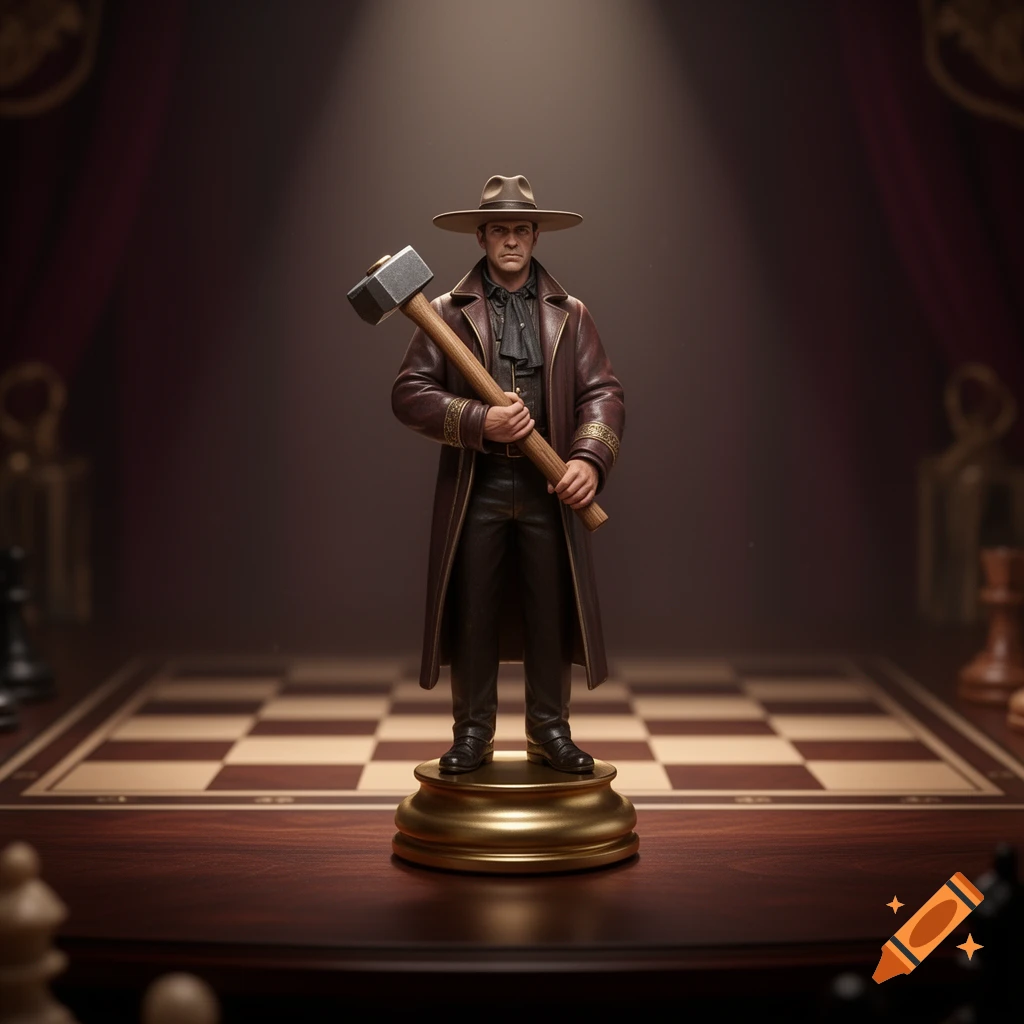 A man in a brown trench coat and hat, holding a sledgehammer, stands on a gold base on a chess board as a king piece. Photorealistic.