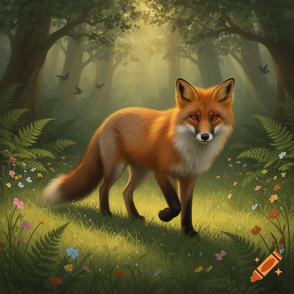 A red fox stands in a sunlit forest clearing, surrounded by ferns and ...