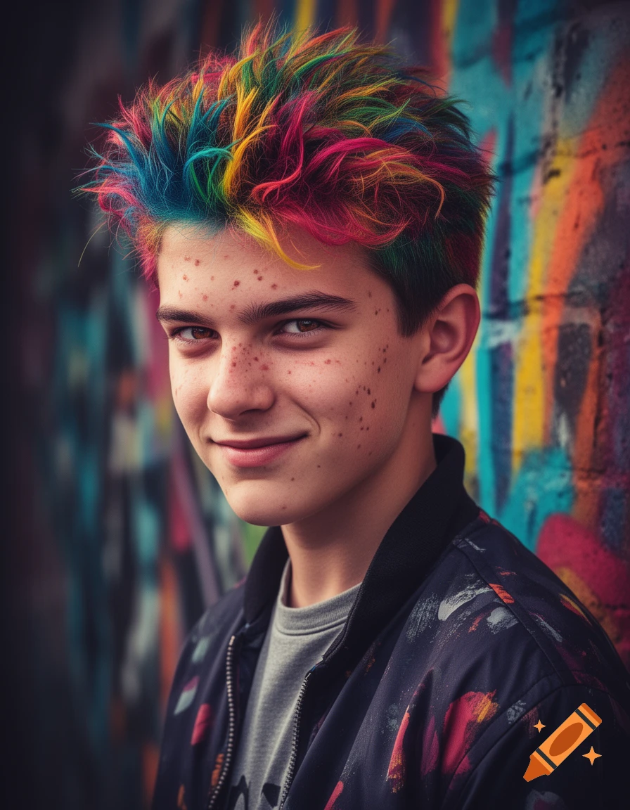 Young person with multi-colored spiky hair and freckles, smiling against a vibrant graffiti wall, wearing a splattered jacket.
