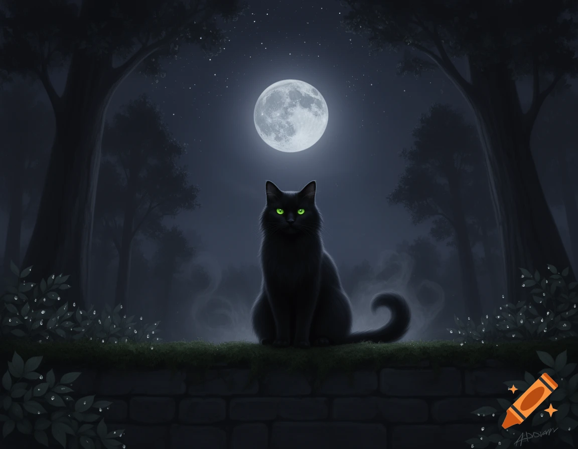 A black cat with glowing green eyes sits on a mossy wall under a bright ...