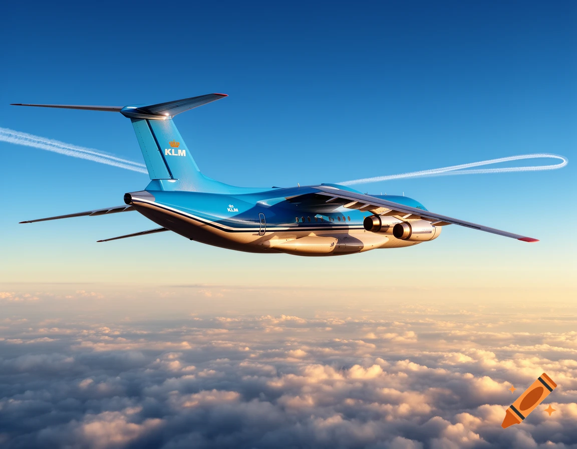 A blue and white KLM cargo airplane with four engines flies above fluffy clouds under a clear blue sky, leaving a looping contrail.