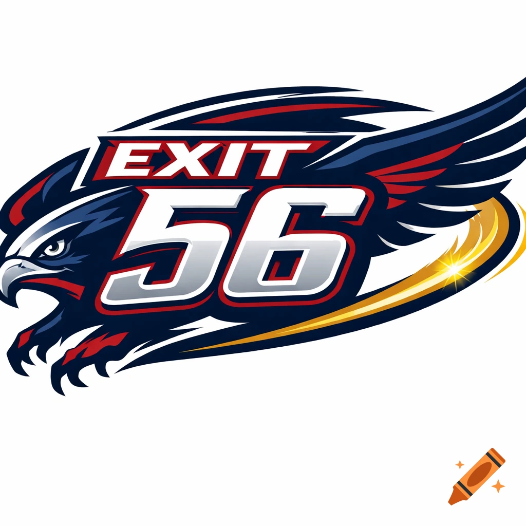 A stylized sports logo featuring a fierce eagle's head and wings, with the text 'EXIT 56' in bold red and white.