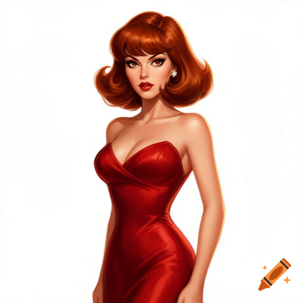 Stylized pin-up woman with red hair and a strapless red dress, standing on a white background.