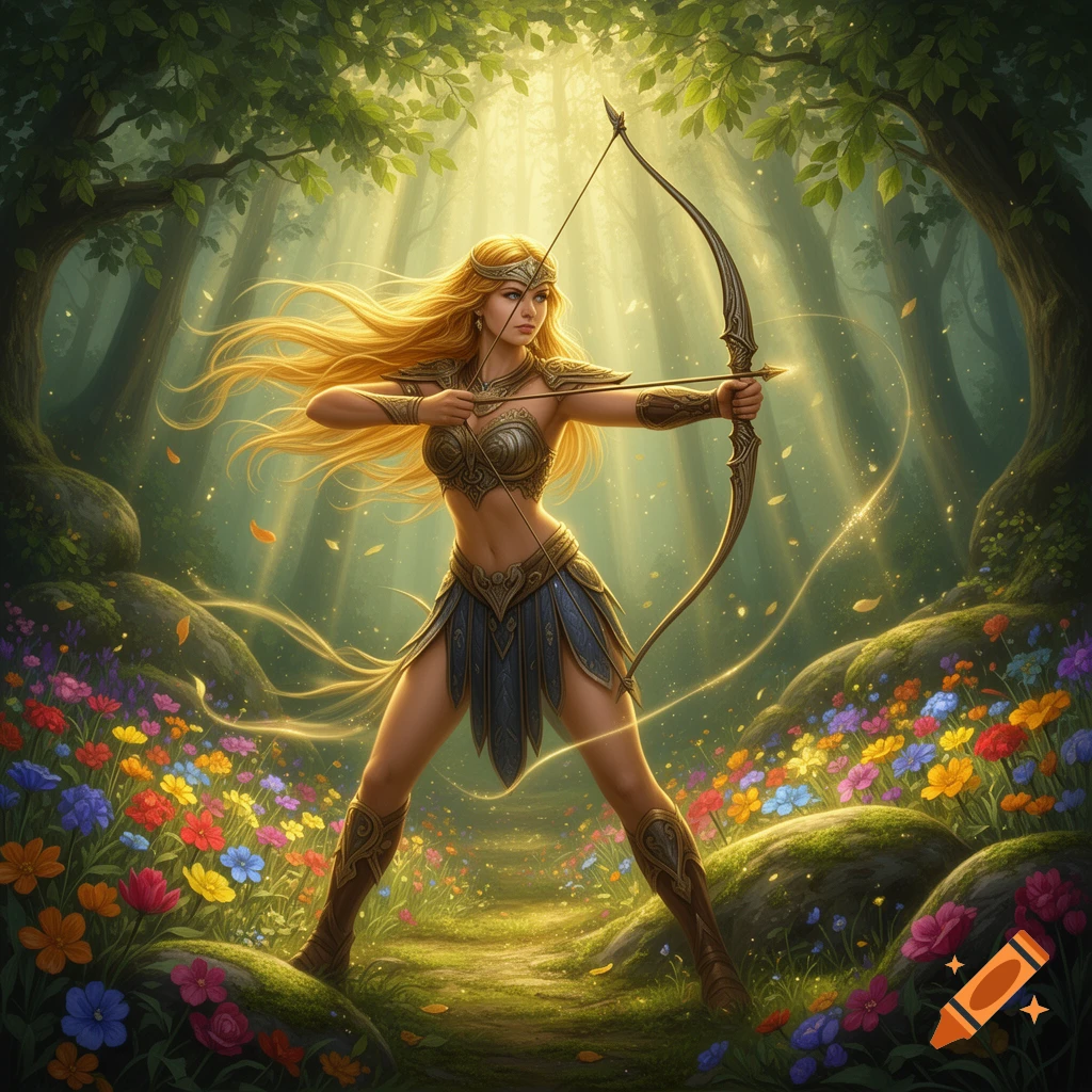 A blonde female fantasy archer in ornate armor stands in a sun-dappled magical forest filled with colorful flowers, drawing her bow.