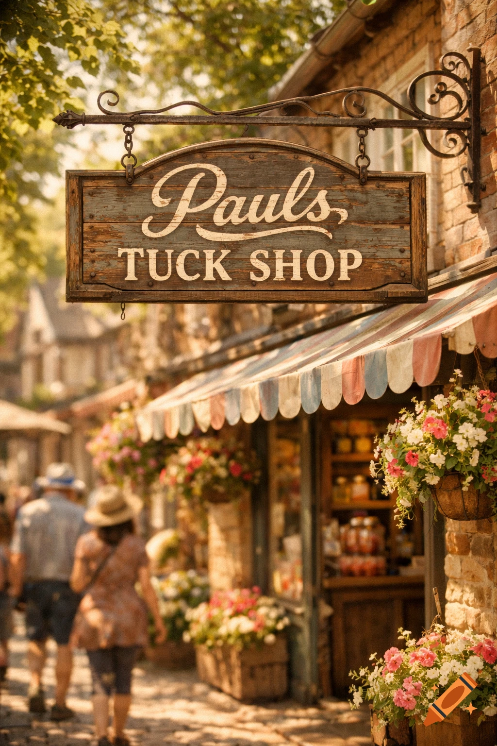 A rustic wooden sign for 'Pauls, TUCK SHOP' hangs above an old-fashioned street shop with colorful awnings and flowers.