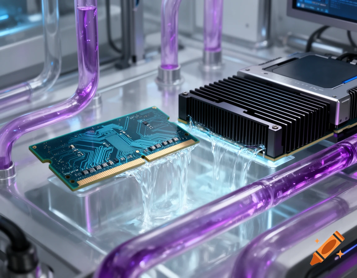 A RAM stick and GPU block in a liquid cooling setup with flowing water and glowing purple coolant in clear tubes.