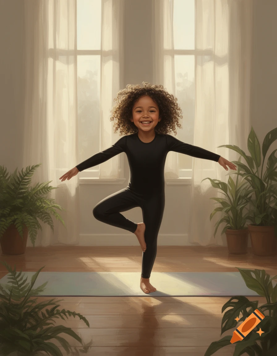 A smiling young child with curly hair practices a yoga pose, balancing on one leg in a black yoga jumpsuit on a mat in a bright room with plants.