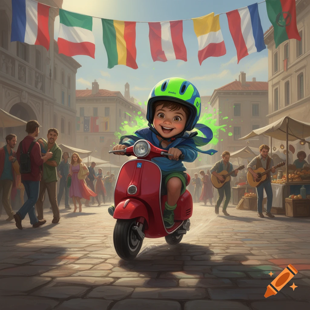A joyful cartoon child in a green helmet rides a red scooter through a bustling town square with flags overhead.