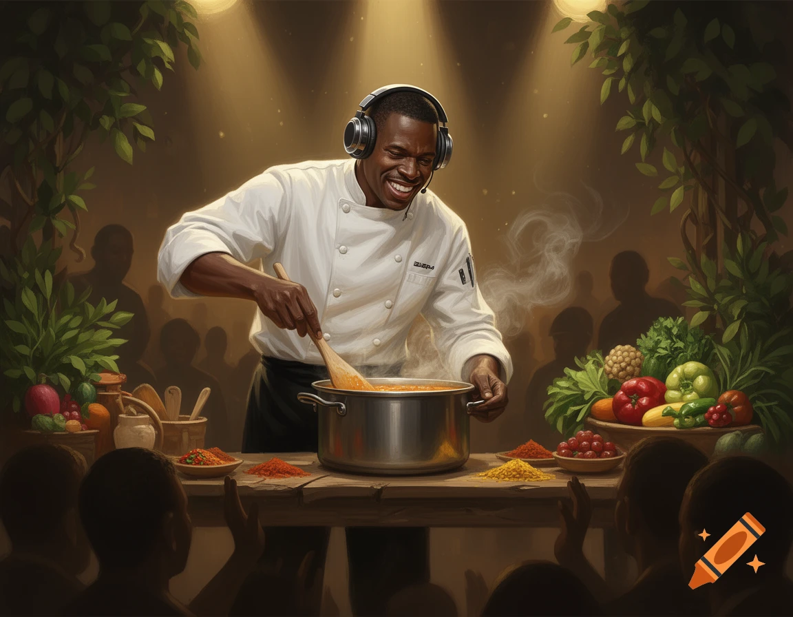 A Black chef wearing headphones joyfully cooks on stage, stirring a pot surrounded by fresh ingredients, under spotlights, with an audience.