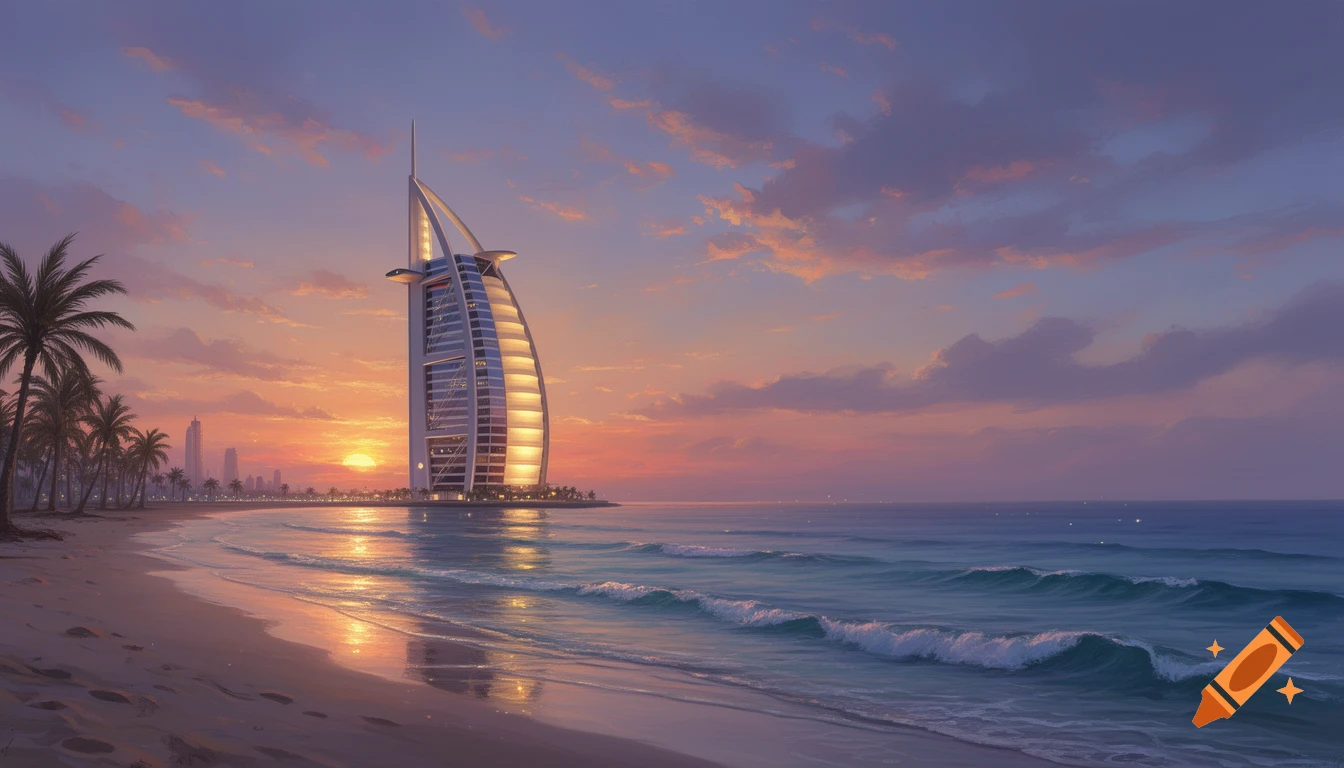 Photorealistic image of the Burj Al Arab hotel glowing at sunset from a sandy beach with ocean waves.