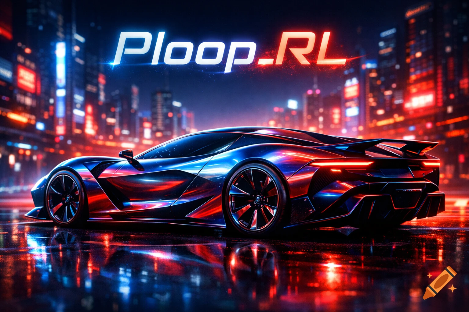 A sleek, futuristic supercar with neon blue and red reflections on a wet city street at night, with "Ploop_RL" glowing above.