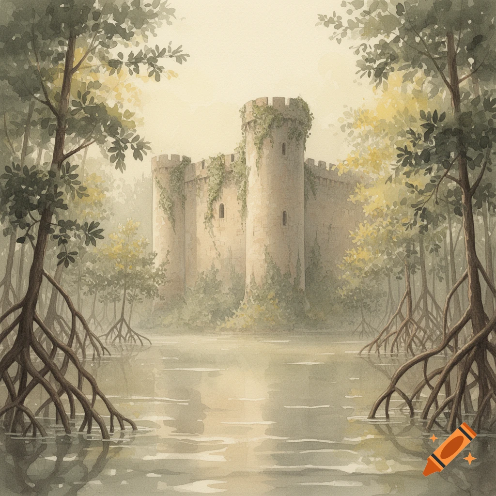 A minimalist watercolor painting of an ancient medieval castle surrounded by mangrove trees and water.