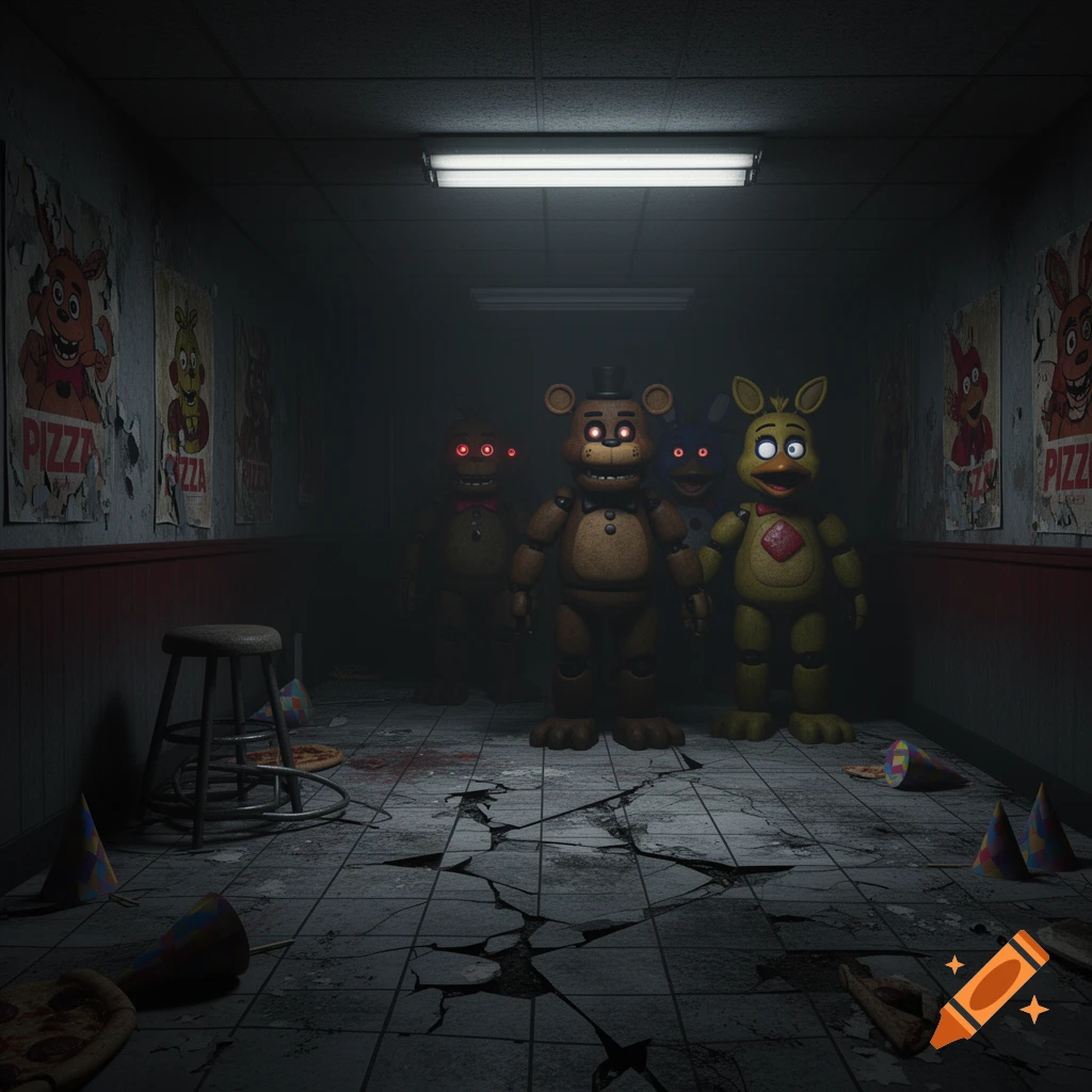 Creepy animatronic characters with glowing red eyes stand in a dark, dilapidated hallway with scattered party debris.