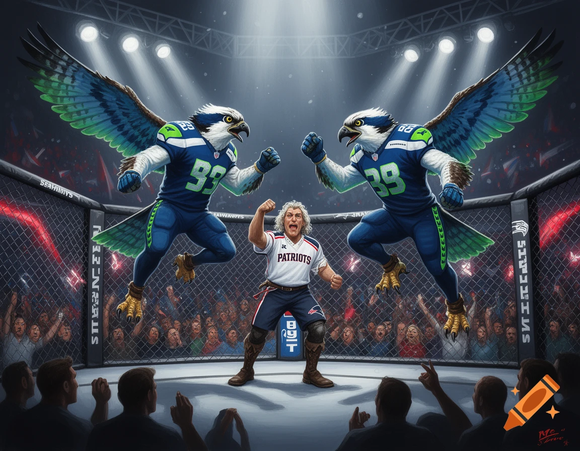 Two anthropomorphic osprey fighters in Seattle Seahawks jerseys face Paul Revere in a Patriots jersey inside an MMA cage, watched by a cheering crowd.