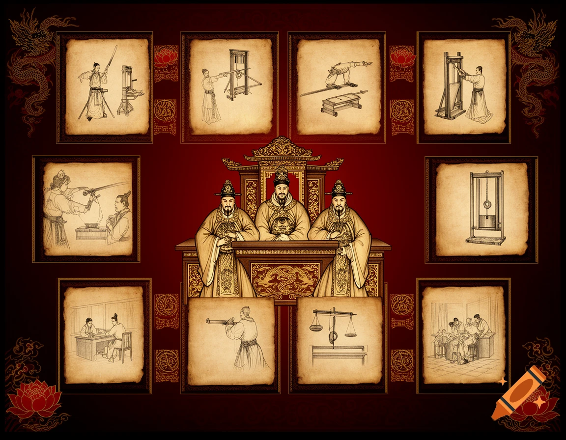 Illustration of three Chinese emperors observing nine framed sketches of historical capital punishment methods against a red and gold background.