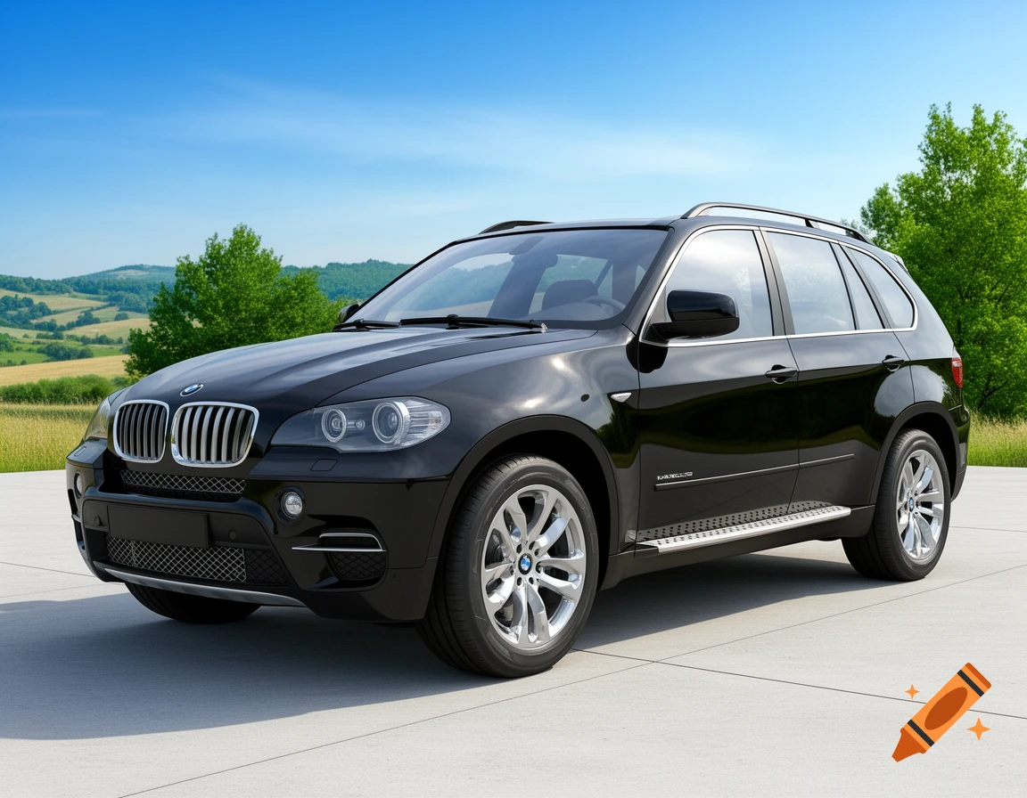 A black BMW X5 SUV is parked on a light gray paved surface with rolling green hills and a blue sky in the background.