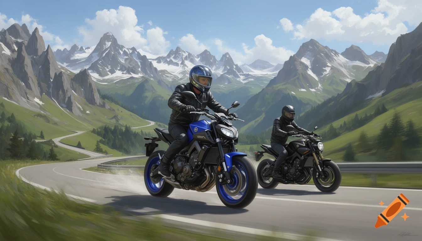 Two motorcyclists ride their bikes on a winding mountain road with snow-capped peaks in the background.