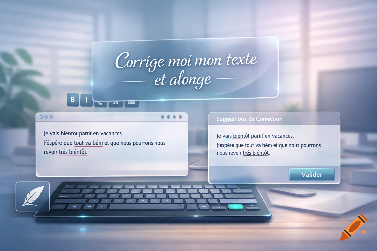 A desktop screenshot showing a text correction application. A prompt bubble reads 'Corrige moi mon texte et alonge'. Two windows display French text, one with original text and the other with 'Suggestions de Correction', both containing some spelling errors. A keyboard is in the foreground.