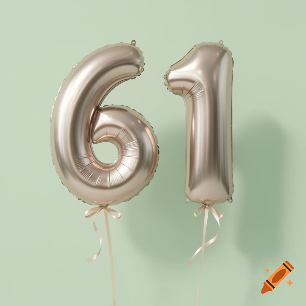 Two shiny rose gold foil balloons in the shape of the numbers 6 and 1 float against a soft pastel green background.