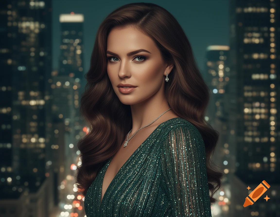Photorealistic portrait of a woman with long brown hair in a sparkling ...