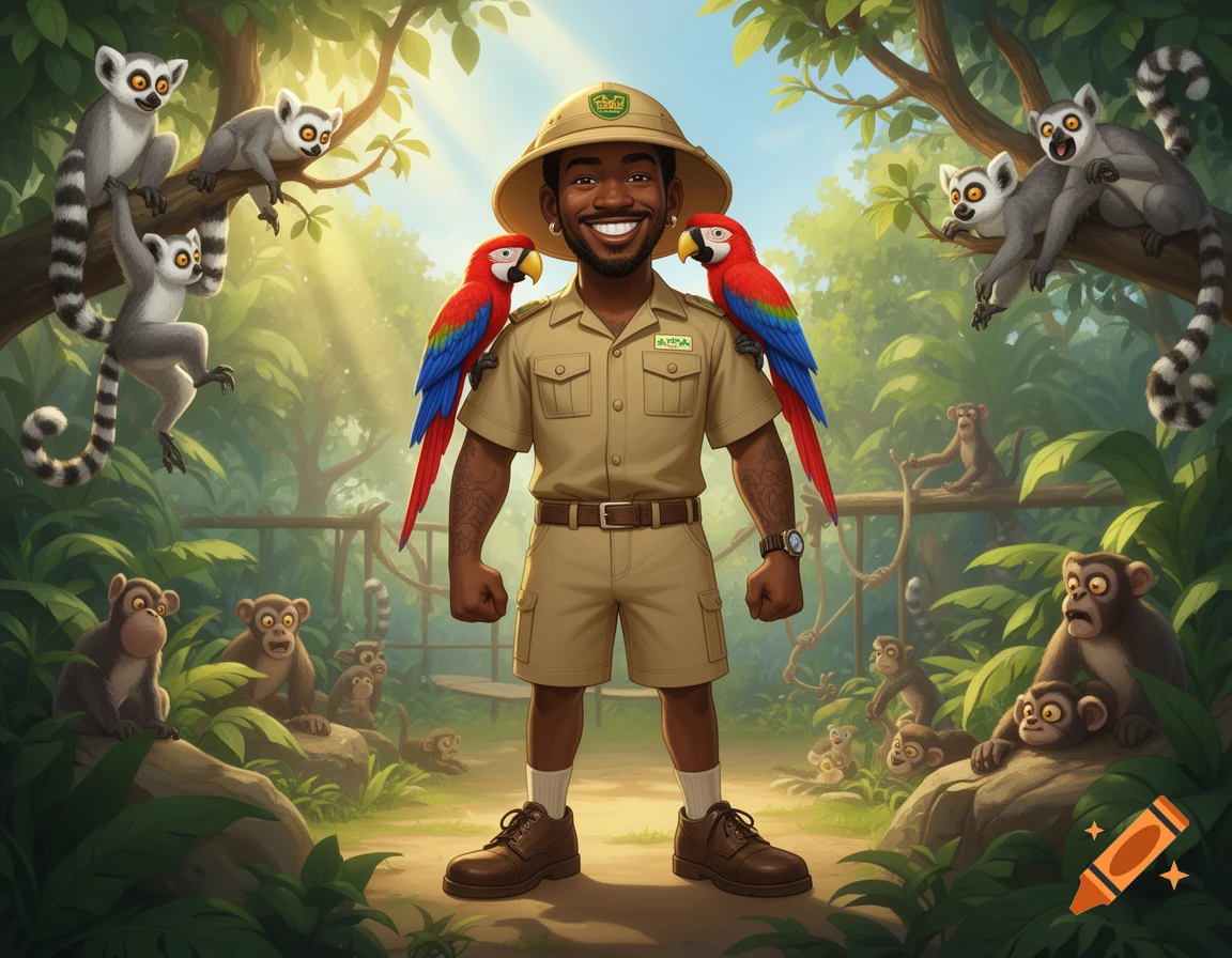 A smiling cartoon man in a safari outfit with two parrots on his shoulders stands in a jungle surrounded by lemurs and monkeys.