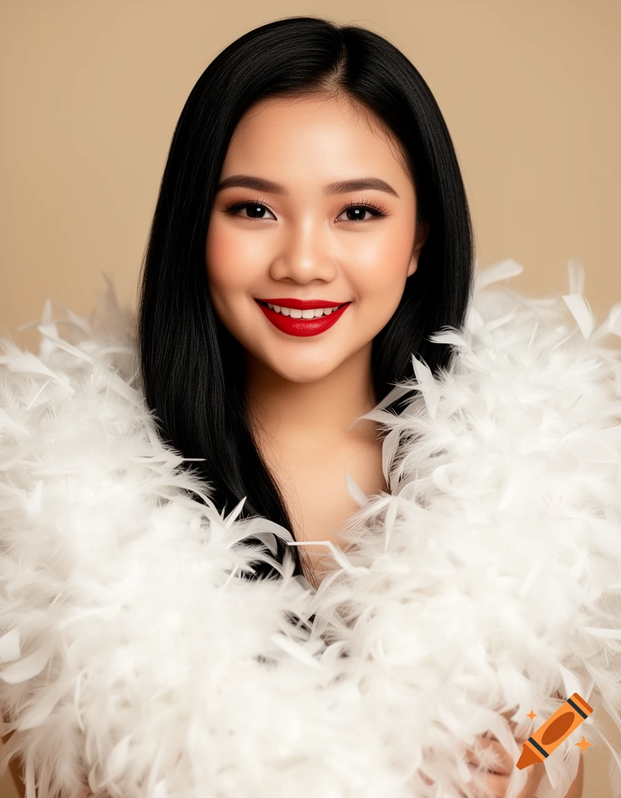 Glamour portrait of a smiling Filipino woman with long black hair and red lipstick, wearing a large white feather boa against a beige background.