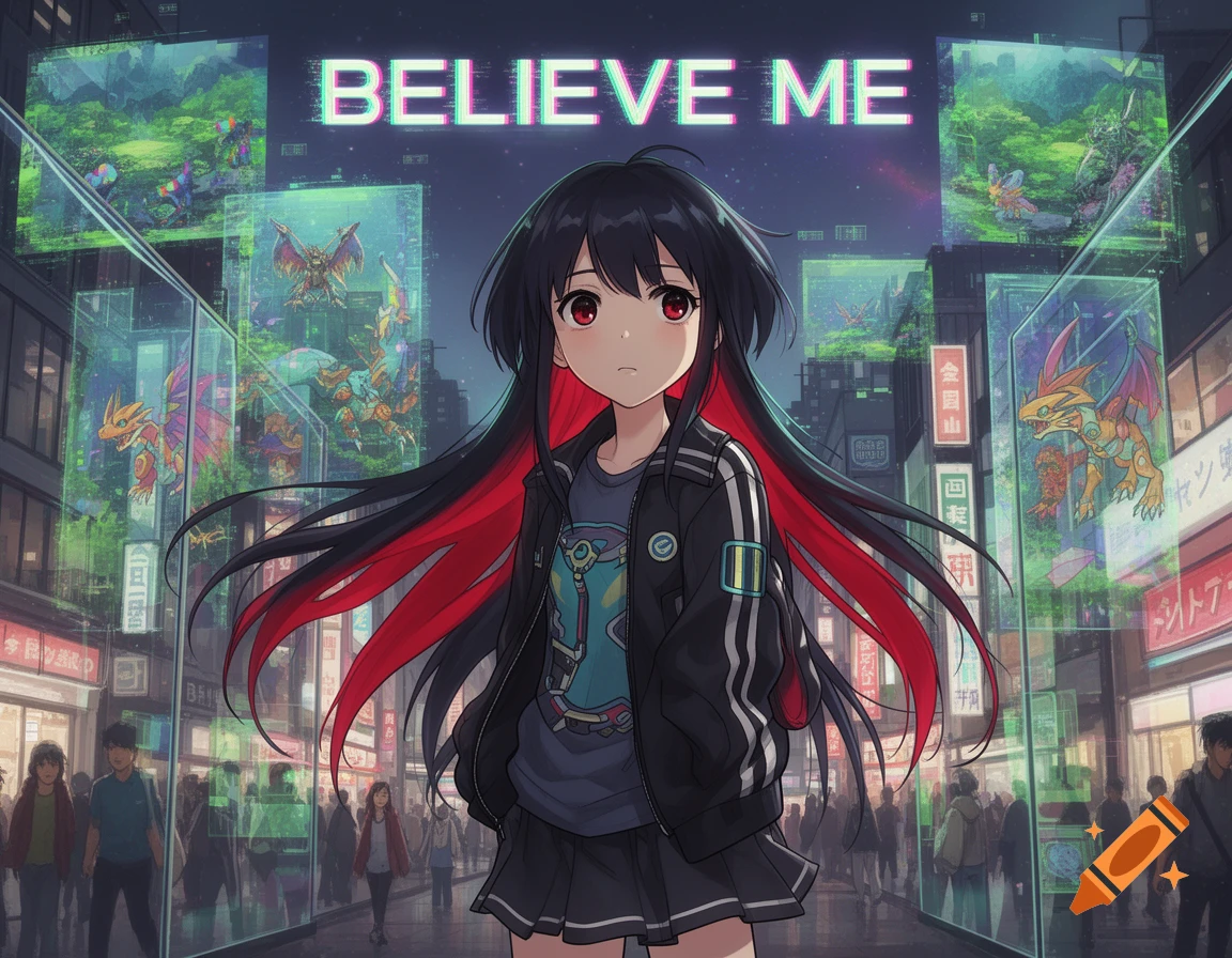 Anime girl with black and red hair stands in a futuristic city street with glowing screens showing digital monsters and "BELIEVE ME" text.