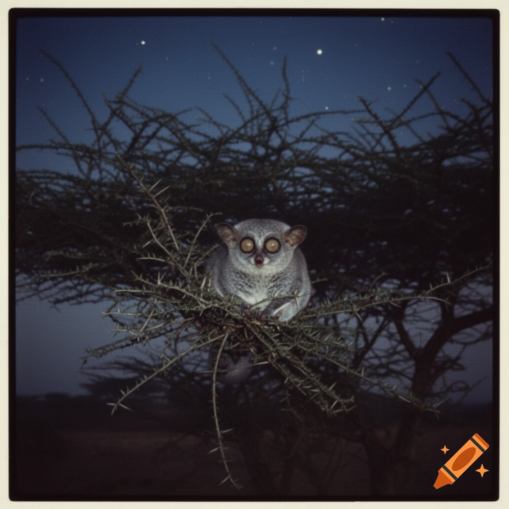 A lesser bushbaby with large eyes sits nestled in a thorny acacia tree at night under a dark, starry sky.