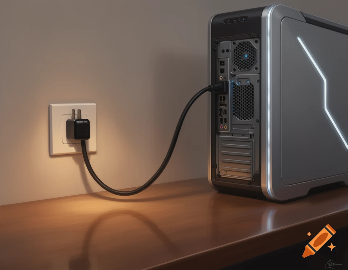 A black power cord plugs a modern desktop computer into a wall outlet, casting a warm glow on a wooden table.