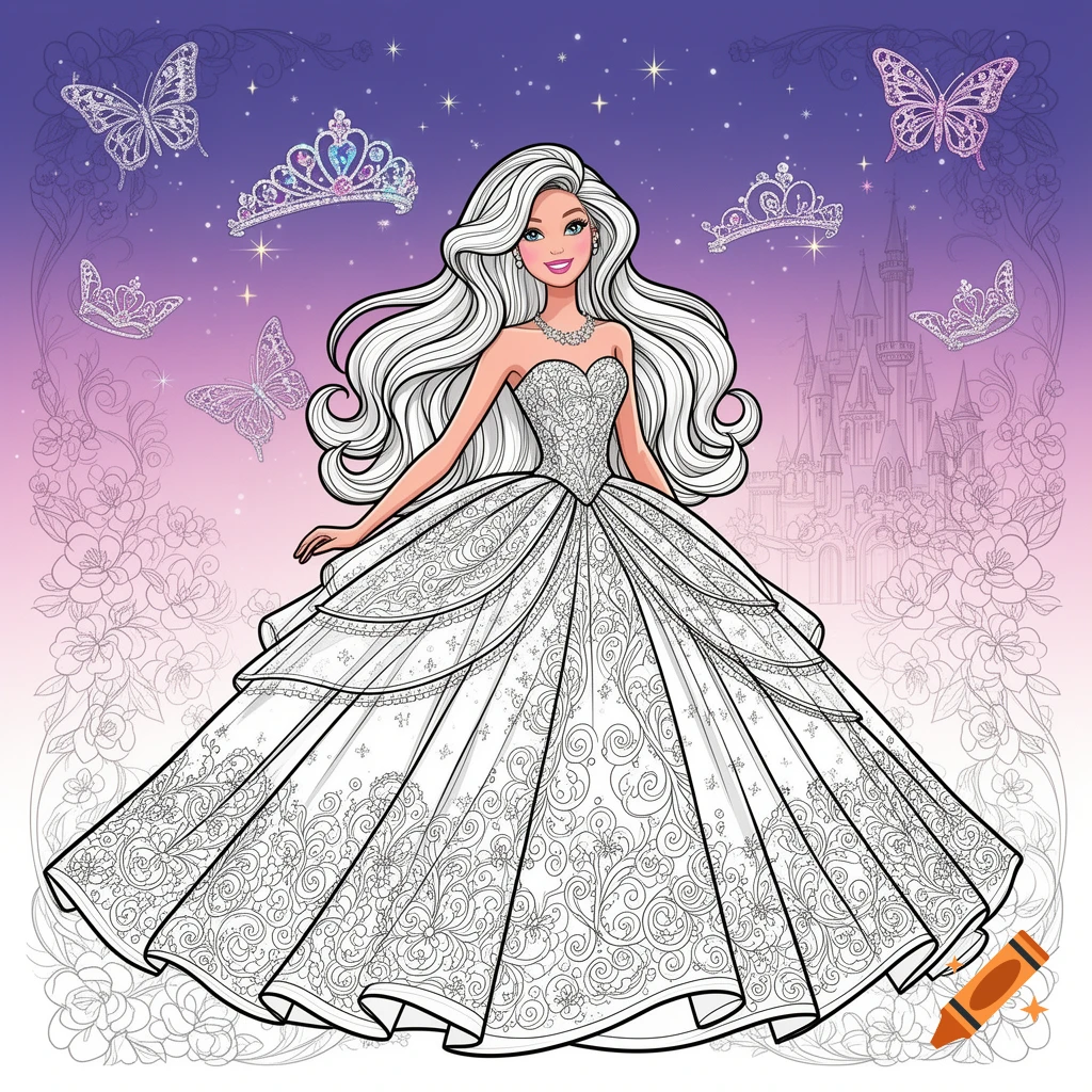 Barbie doll in a white, lacy ball gown with long white hair, against a starry purple background with butterflies and a castle, in a coloring book style.