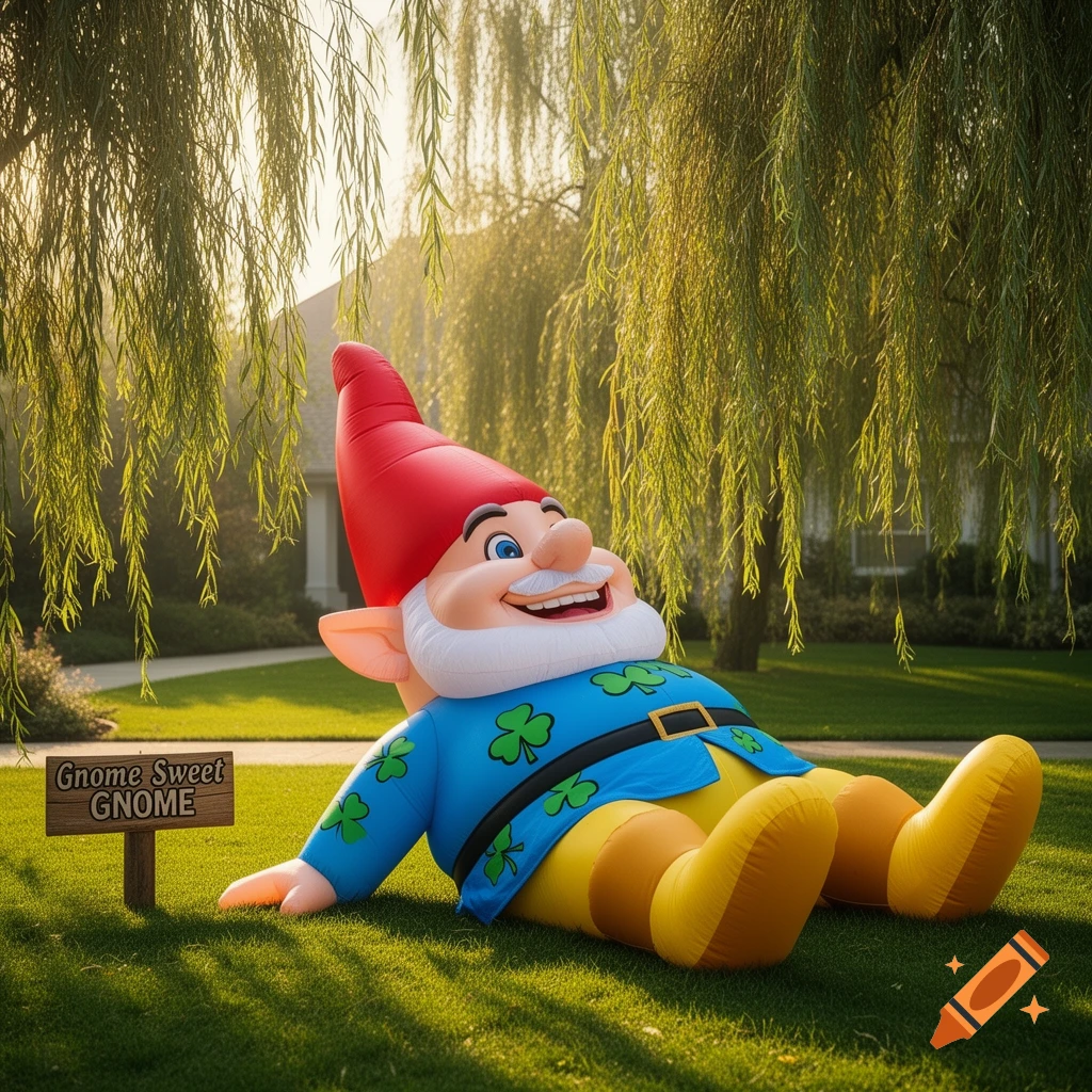 A large inflatable garden gnome with a red hat and blue shirt lies on green grass next to a 'Gnome Sweet Gnome' sign.