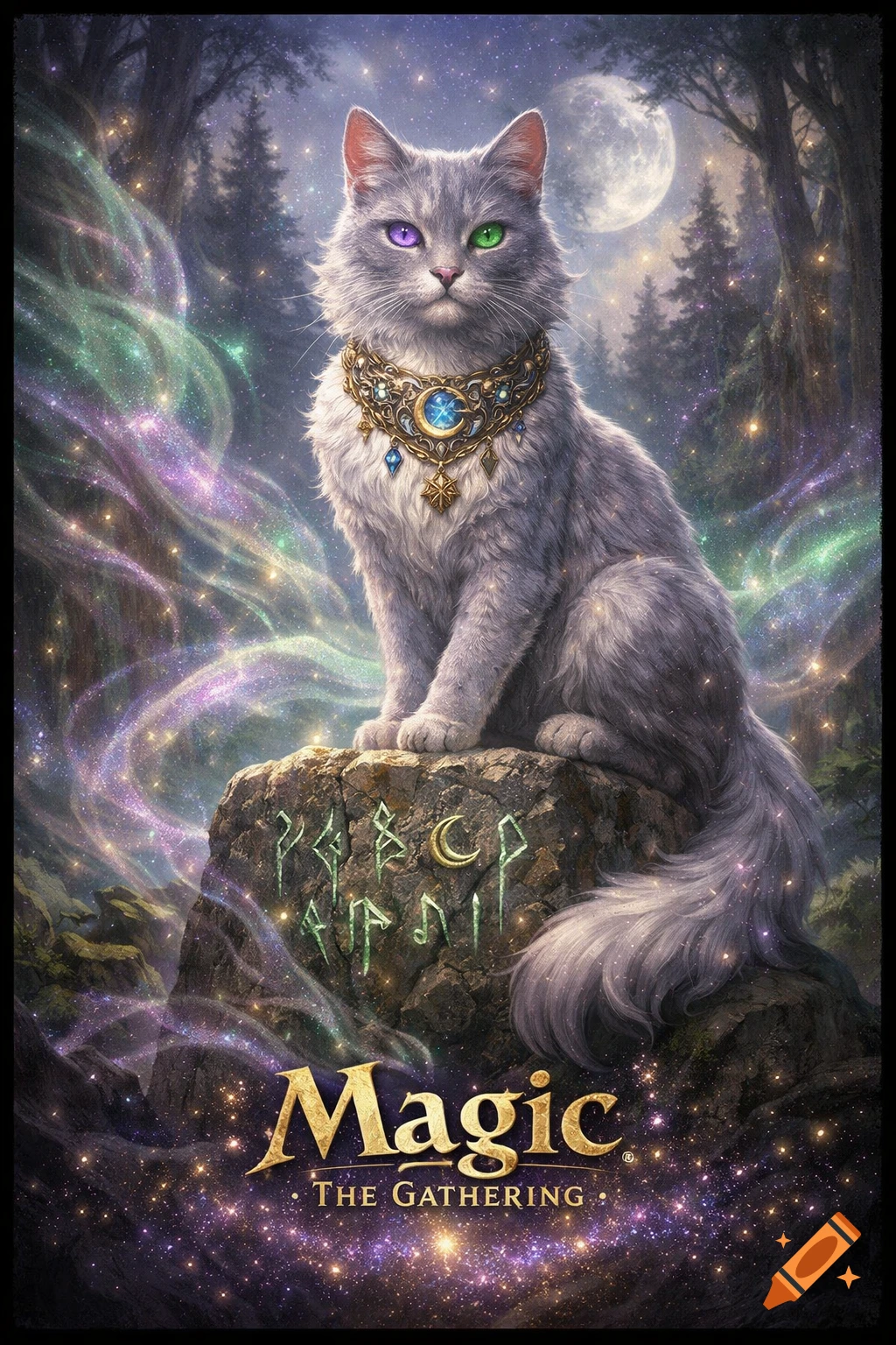 A majestic grey cat with mismatched eyes sits on a rune-carved rock ...