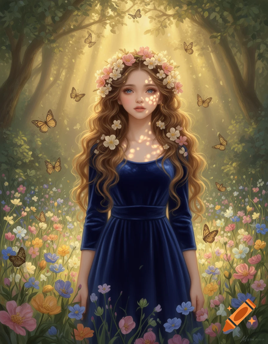 A beautiful girl with long wavy hair and a flower crown stands in a ...