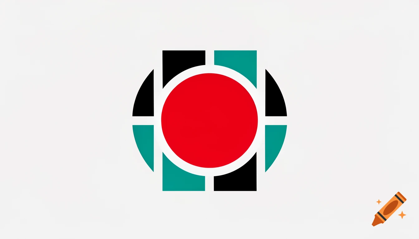 An abstract graphic featuring a central red circle surrounded by black and teal geometric shapes on a white background.