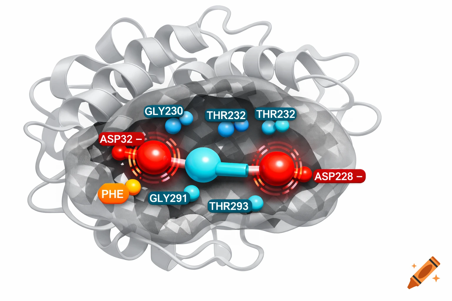 3D scientific illustration of a BACE1 protein (grey ribbon) with a transparent pocket, showing a blue and red pharmacophore and labeled amino acid residues.