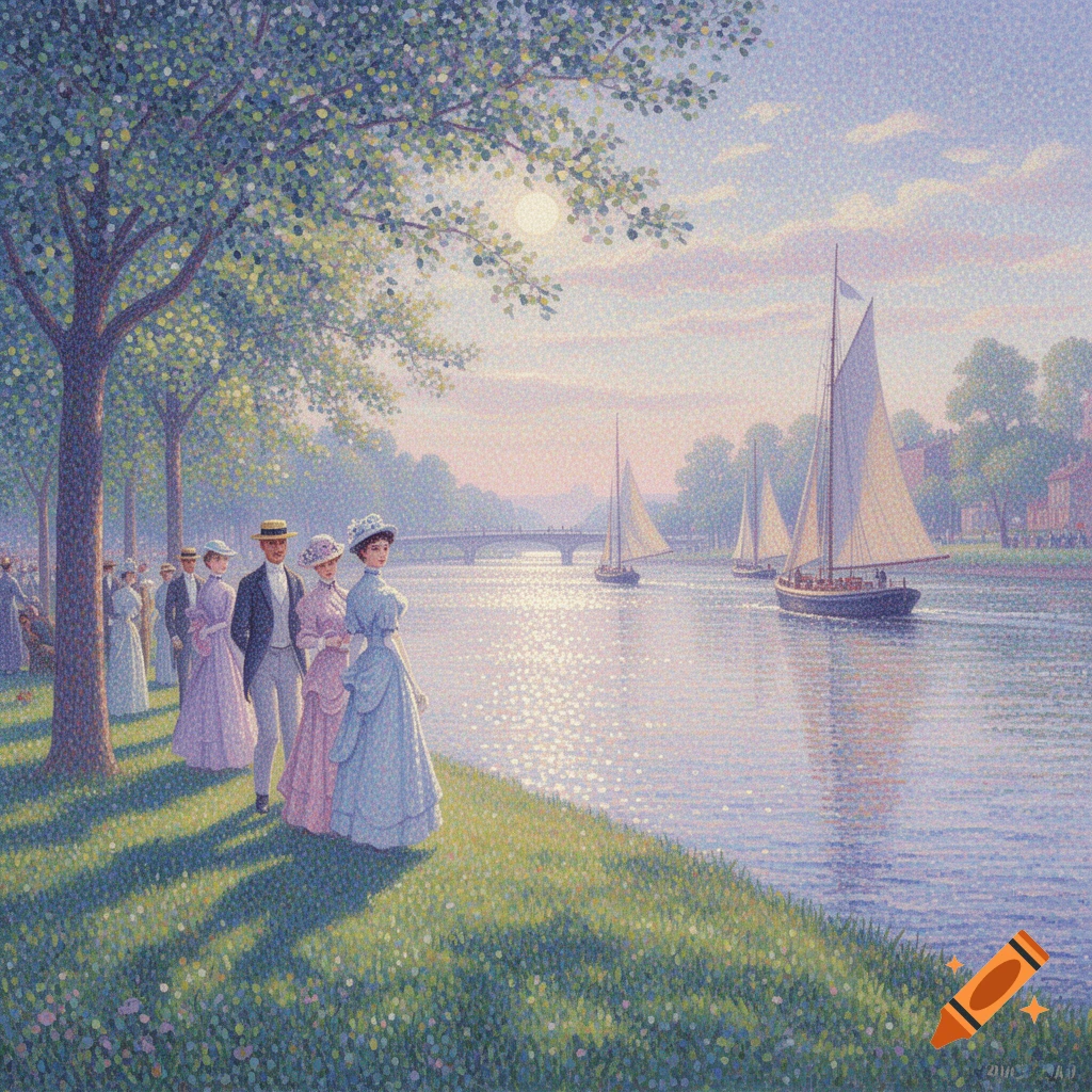 A Pointillist painting depicts people in period clothing strolling along a riverbank, with sailboats on the water and a distant bridge under a soft, luminous sky.