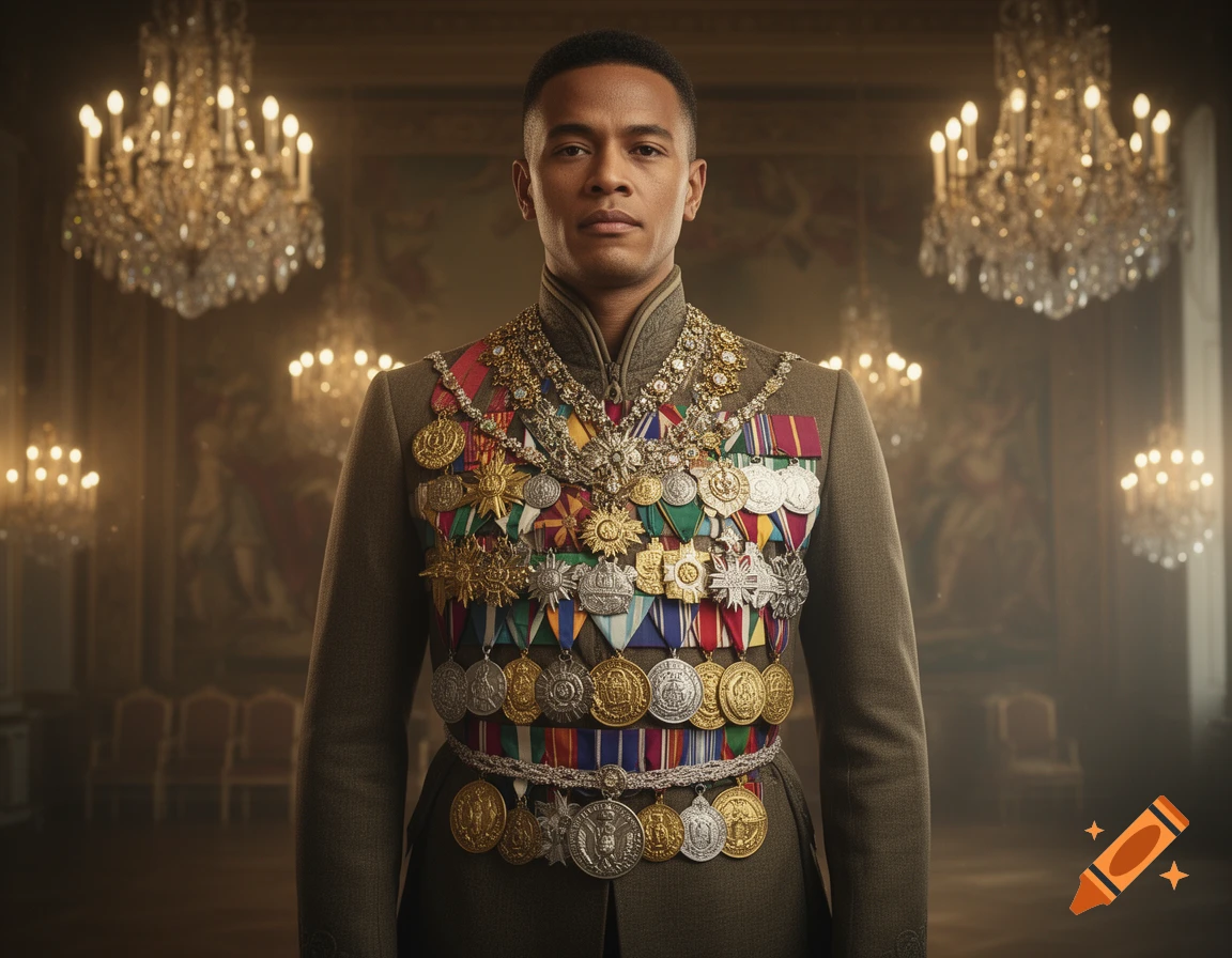 A man in a military-style uniform covered in gold and silver medals stands in a grand, chandelier-lit hall.