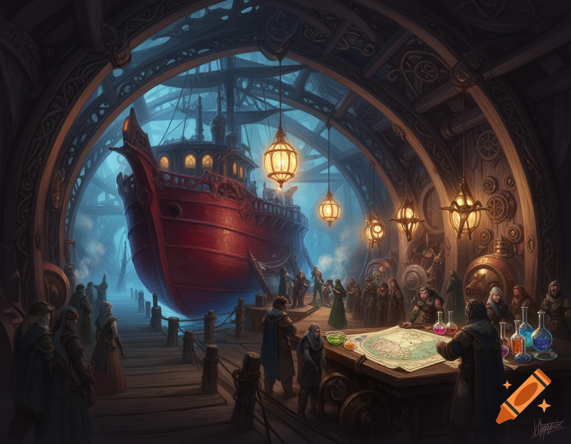 A grand fantasy art scene shows a large red ship docked in an elaborate, dimly lit launch bay with many people gathered around, some studying a map.