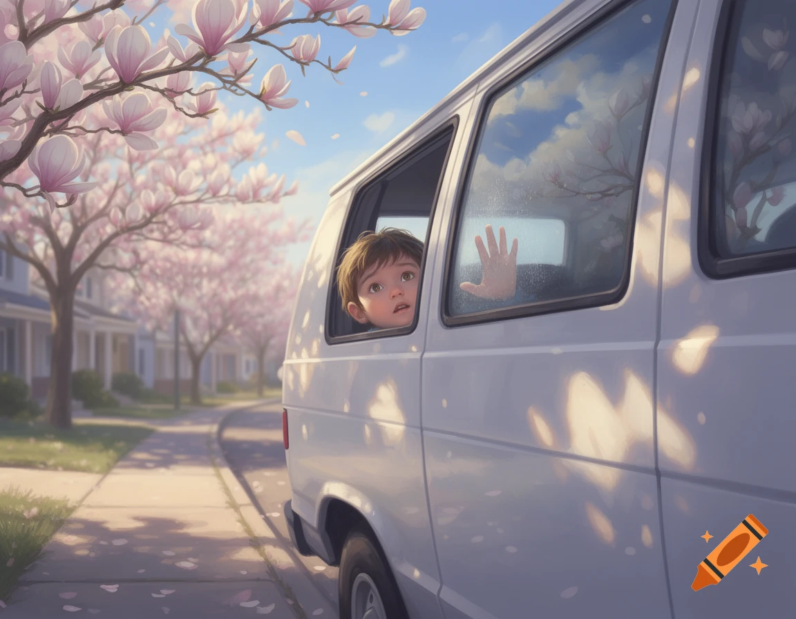 A child looks out the window of a white van, hand on the glass, on a sunny street lined with blooming pink magnolia trees. Illustrated style.