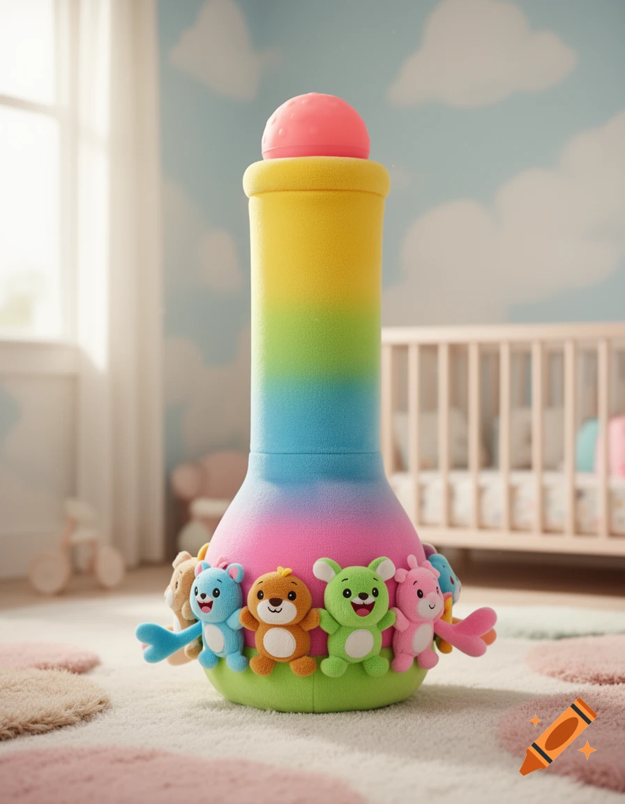 A colorful, rainbow-gradient soft toy shaped like a bottle, adorned with small, smiling plush animal figures, in a child's nursery with a crib in the background.