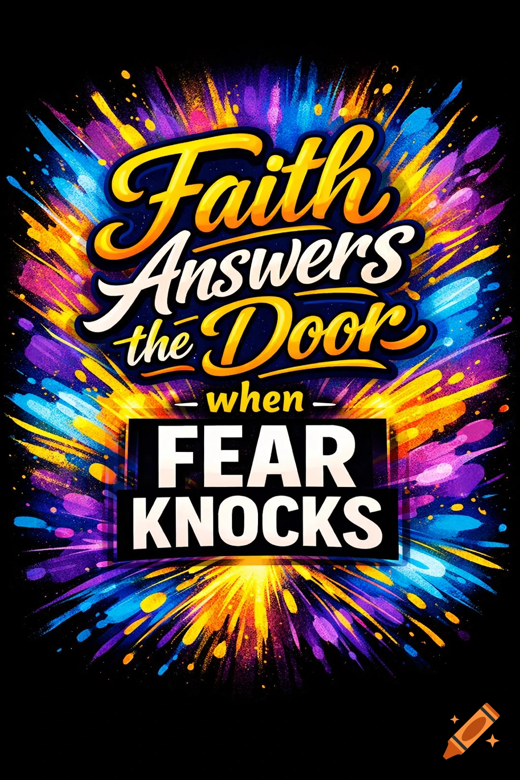 Inspirational text 'Faith Answers the Door when Fear Knocks' in colorful, stylized typography with vibrant paint splatters.