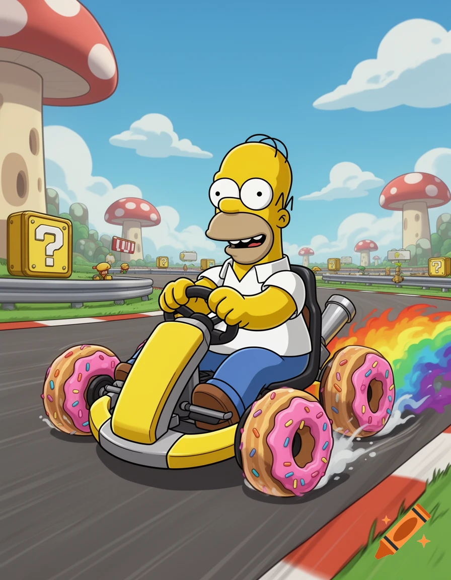 Homer Simpson in a go-kart with donut wheels races on a Mario Kart-style track with question mark blocks and mushroom-like obstacles.