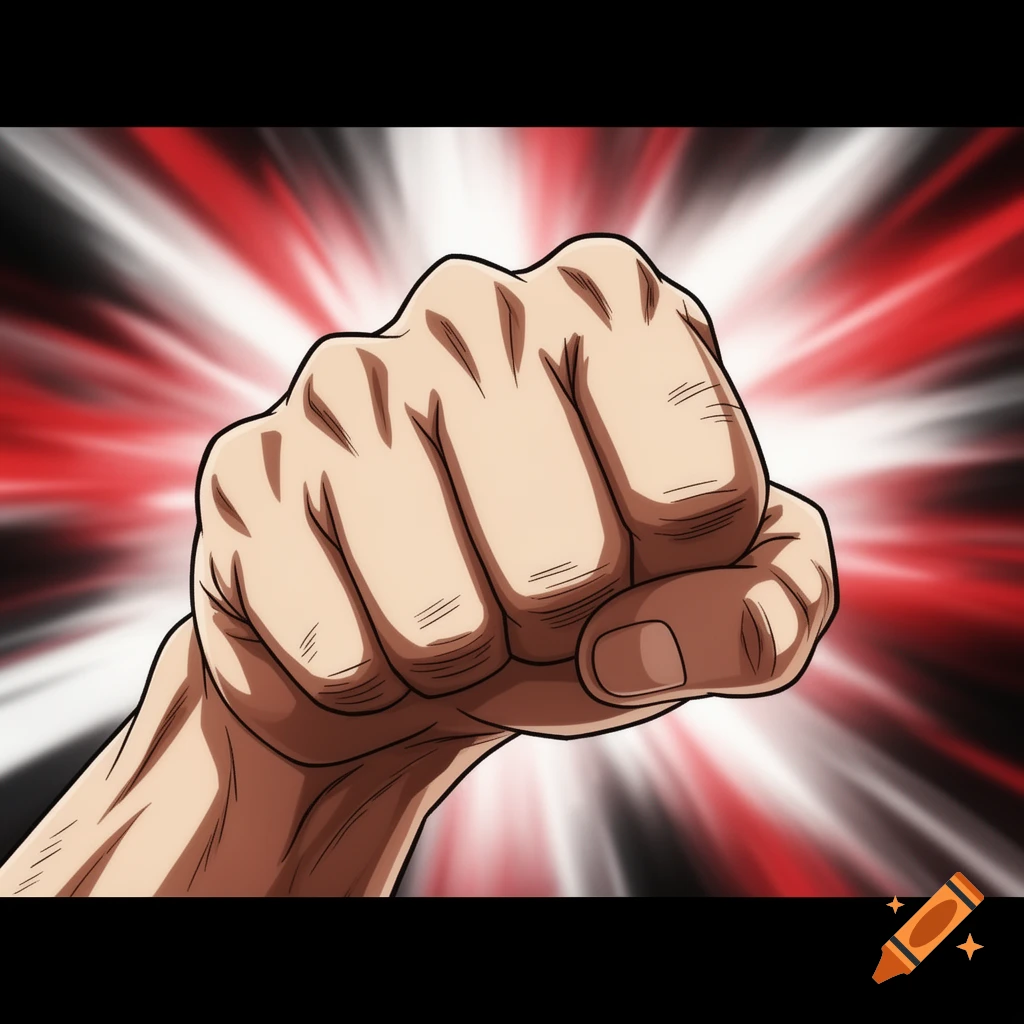 A close-up anime style illustration of a clenched fist with a dynamic red and white burst background.
