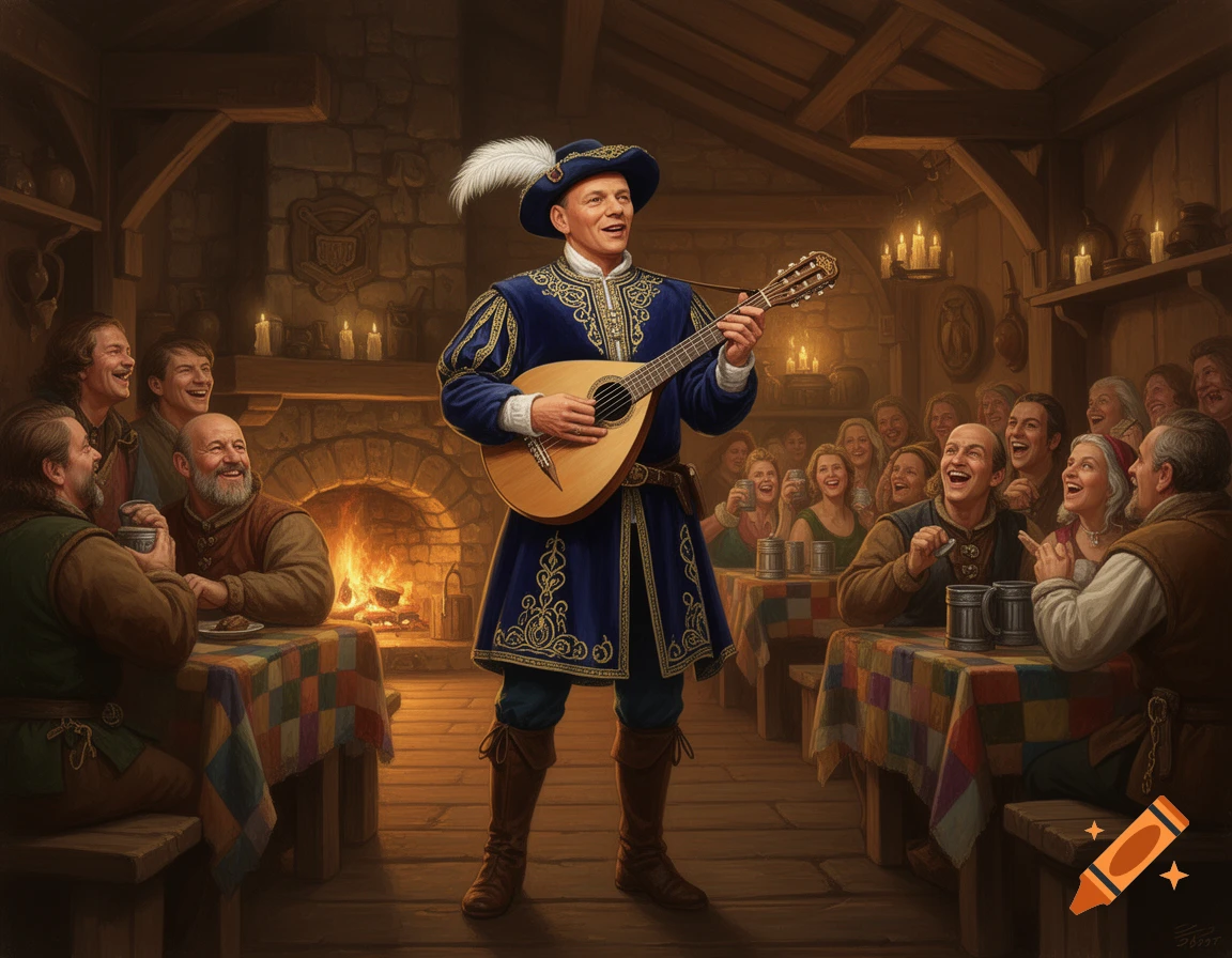 A minstrel in a blue and gold tunic sings and plays a lute to a laughing crowd in a rustic medieval tavern, lit by candlelight.