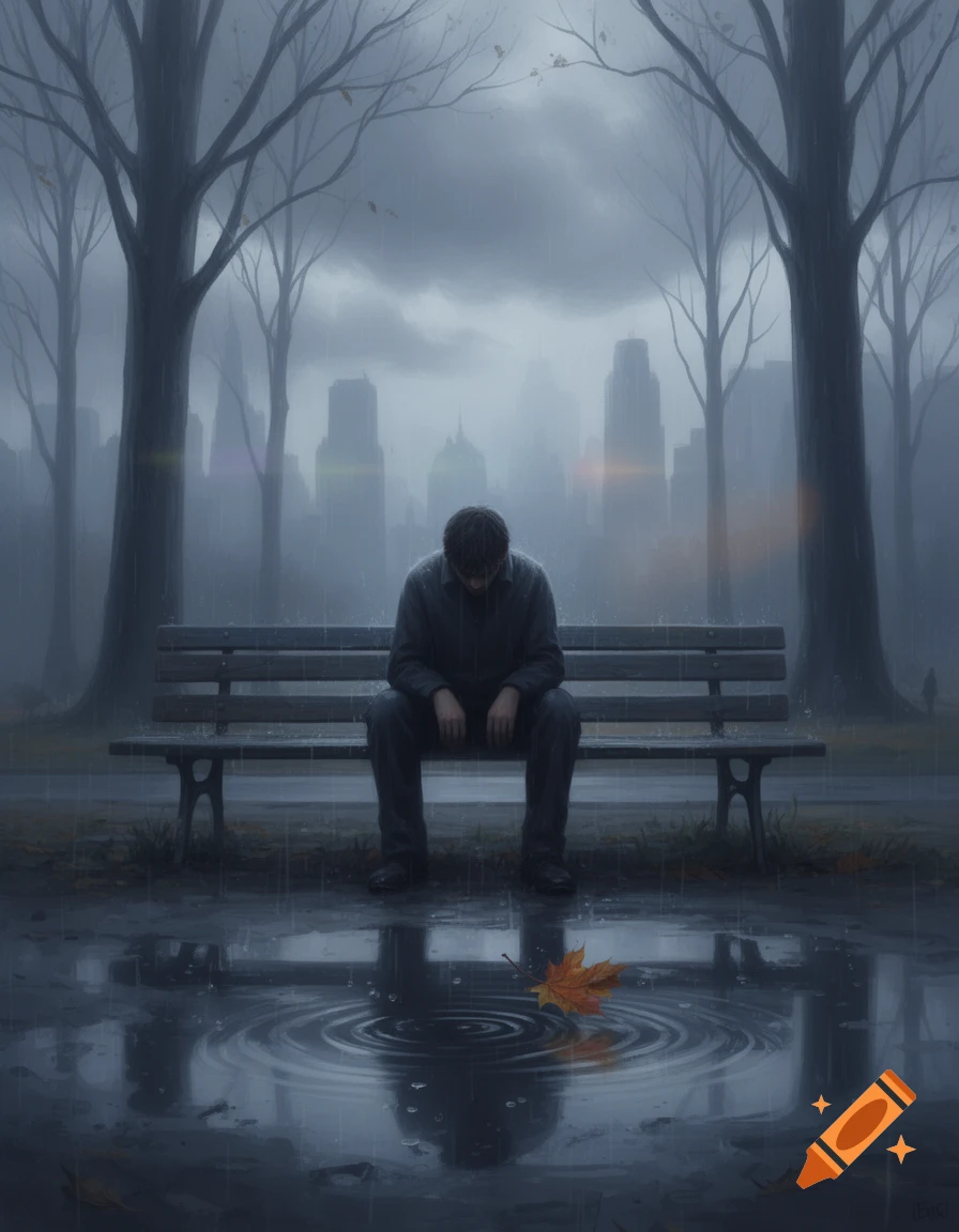 A person sits alone on a park bench in the rain, looking down at a puddle with an autumn leaf, bare trees and a city skyline in the background.