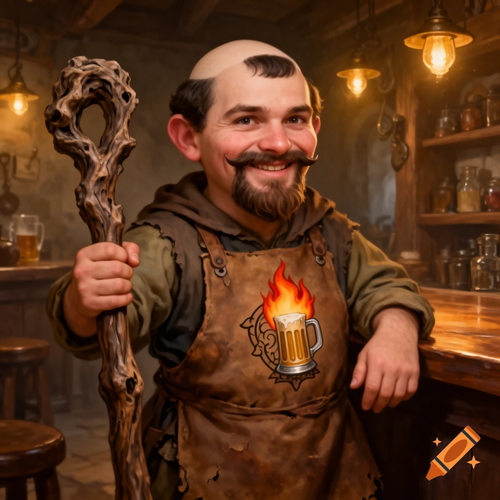 Grinning male halfling with a tonsure haircut, mustache, beard, and an apron with a flaming beer mug symbol, holding a gnarled staff in a rustic tavern.